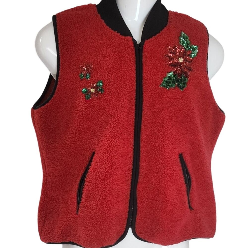 Copper Key Red Black Holiday Vest Embellished Pointsettas Womens Large